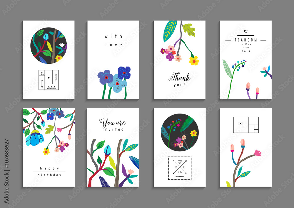 Collection of  cards with flowers. Beautiful freehand colorful invitations