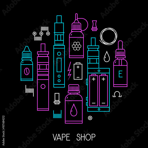 Vape icons in thin line style. Vector illustration of vape and accessories. Vape icons set Isolated on black background