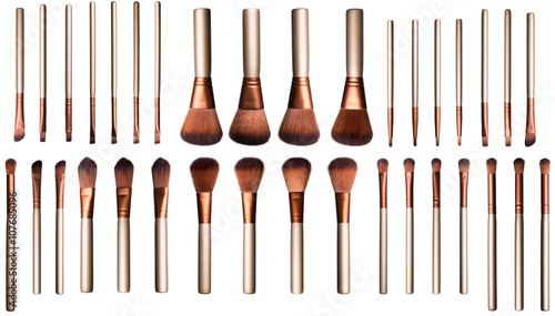 Big set of brown soft cosmetic brushes in different light conditions, isolated over white