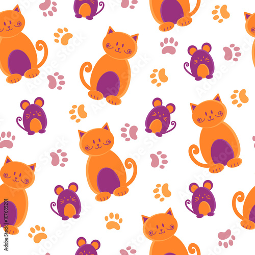 Seamless pattern with cute cartoon cats  mice and paws. Vector repeating background. 