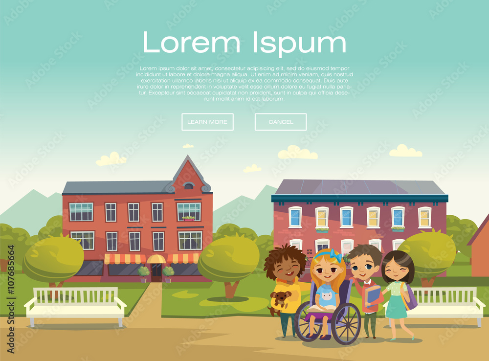 Group of Happy Children with books and tablets on a sunny city street. Schoolyard. Caring for the disabled child concept. Handicapped Kid. website template. Modern flat design. Group of Happy Children with books and tablets on a sunny city street. Schoolyard. Caring for the disabled child concept. Handicapped Kid. website template. Modern flat design.