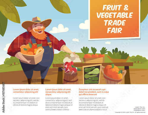 Man farmer with bucket of fruits. Vegetable stall. Fruits and vegetables trade fair flyer. Agriculture exhibition flyer. Vector. Modern flat design. EPS 10. Colorful illustration.