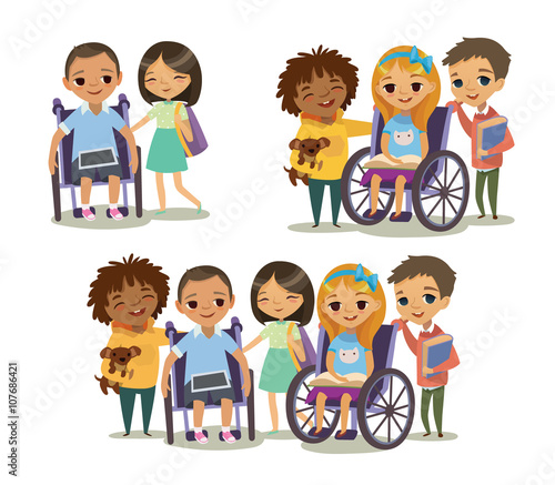 Group of Happy Children with books and tablets. Caring for the disabled child concept. Learning and playing together. Handicapped Kid. Vector. Isolated.