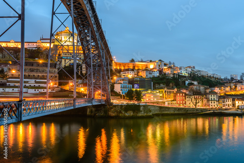 the waterfront of the river Douro and Dom Luis I bridge at night  Porto  Portugal.