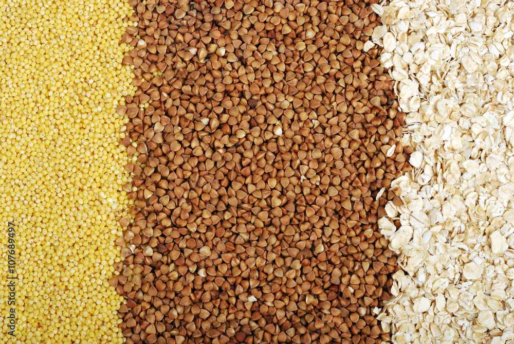 Background of buckwheat, millet and oat groats Background of buckwheat, millet and oat groats