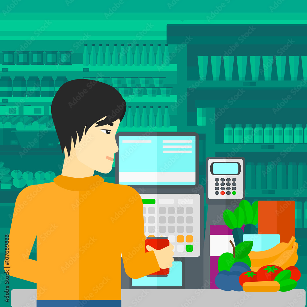 Cashier at supermarket checkout. Cashier at supermarket checkout.