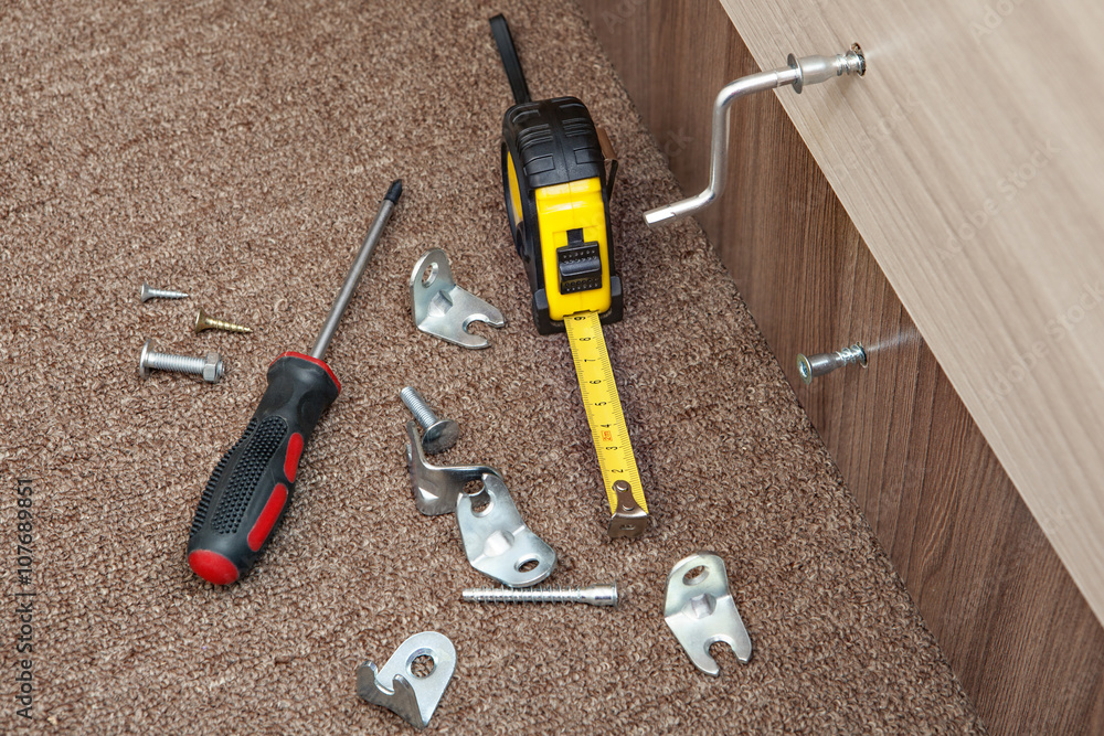 Manual tool for assembly furniture, turn-screw, tape measure, fasteners, screw. Manual tool for assembly furniture, turn-screw, tape measure, fasteners, screw.