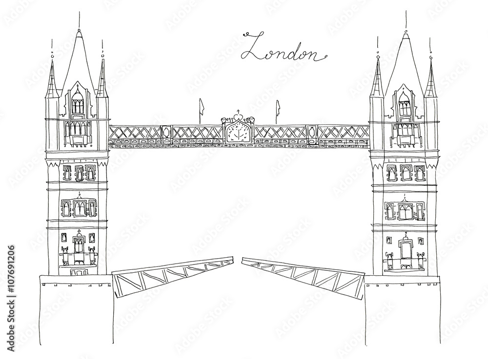 Hand drawn sketch of Tower Bridge, London, UK with letering isolated