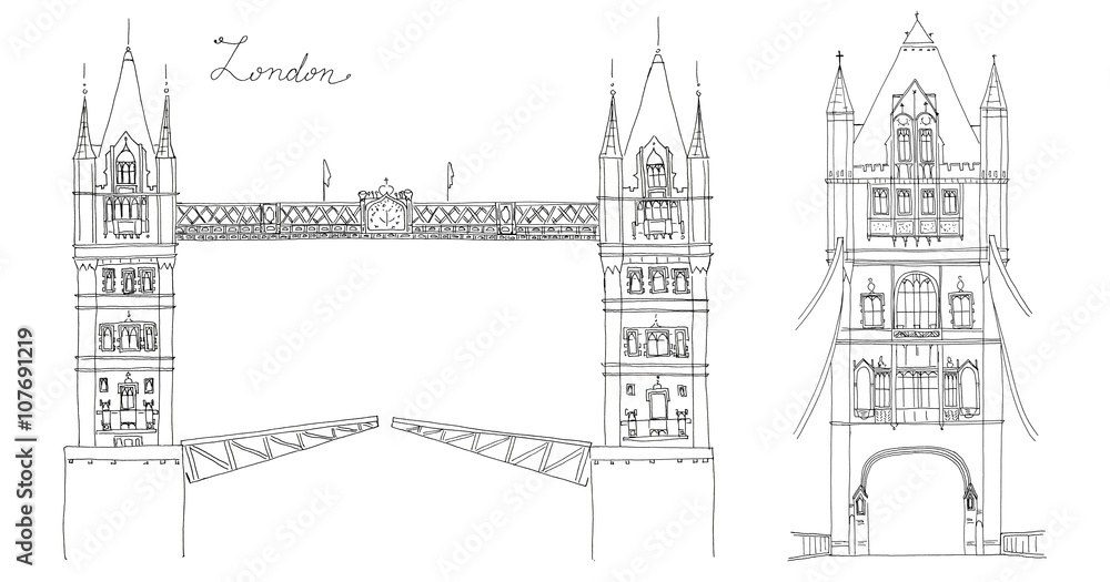 Hand drawn sketch of Tower Bridge, London, UK with lettering in two views isolated Hand drawn sketch of Tower Bridge, London, UK with lettering in two views isolated
