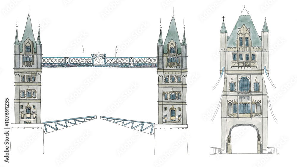 Obraz premium Watercolor Hand drawn sketch of Tower Bridge, London, UK in two views isolated