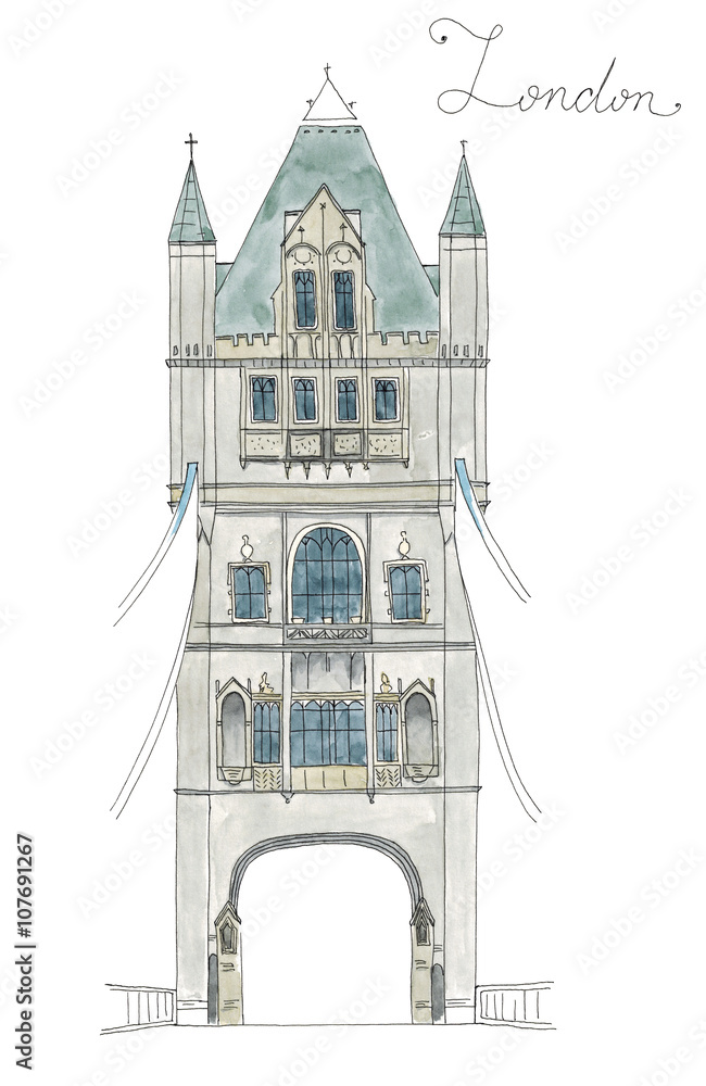 Watercolor Hand drawn sketch of Tower Bridge, London, UK with letering isolated