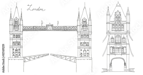 Hand drawn sketch of Tower Bridge  London  UK with lettering in two views isolated