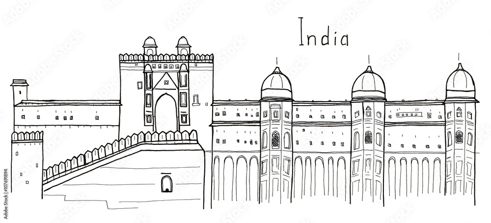 Hand drawn sketch of Amber Fort, Jaipur, India landmark with lettering
