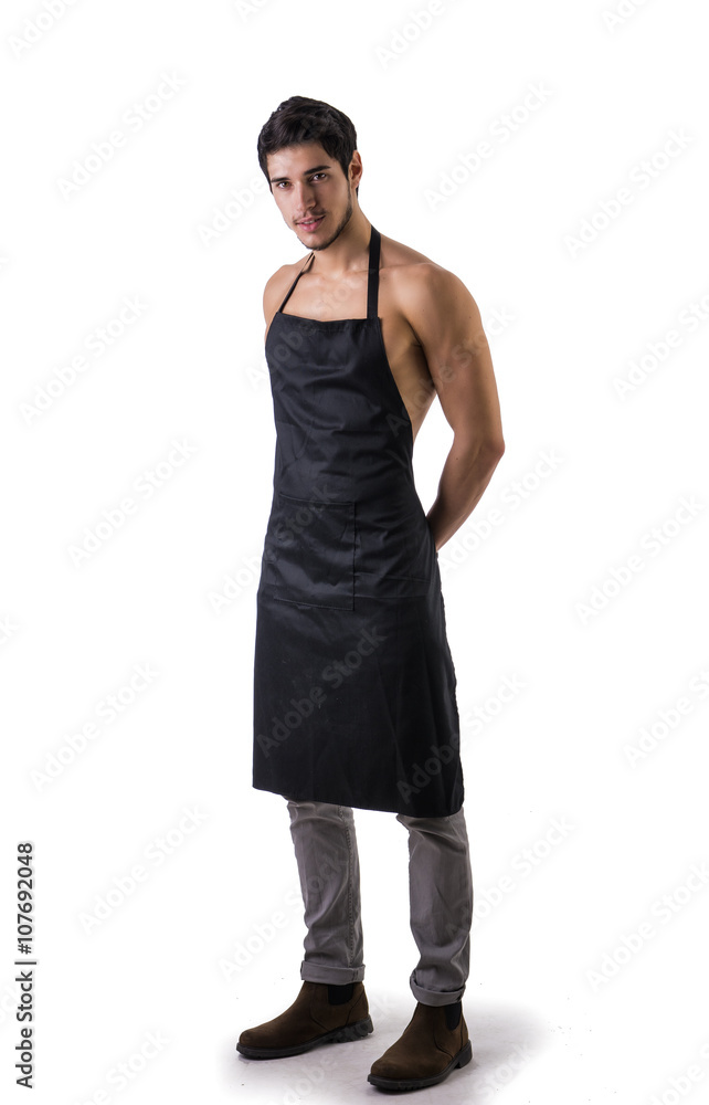 Young sexy shirtless chef or waiter wearing only apron Young sexy shirtless chef or waiter wearing only apron