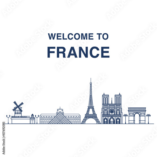 Papier peint Welcome to France banner with outline illustrations of famous Parisian landmarks: Moulin rouge, Louvre, Eiffel tower, Notre dame cathedral and triumphal arch