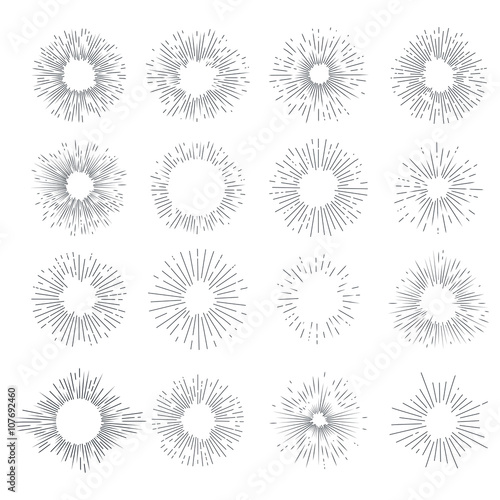 Designers collection of vector sunburst. Set for vintage design project. Style elements graphic template