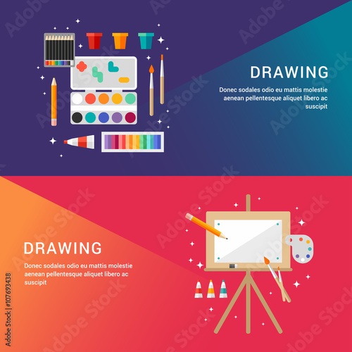 Drawing Concept. Set of Flat Style Vector Illustrations for Web Banners or Promotional Materials. Paint with Colour Pencils and Pastels. Wooden Easel with Canvas
