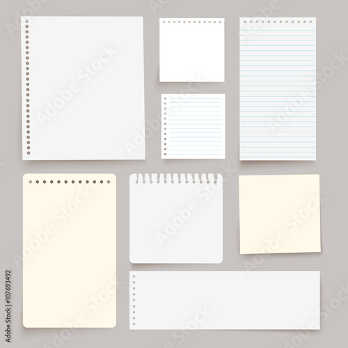 Set of various white vector note papers. 