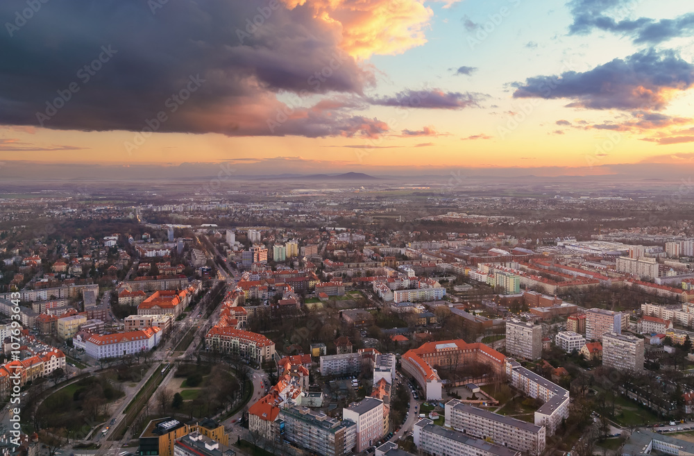 Panorama of the Wroclaw city at sunset  in Wroclaw, Poland,