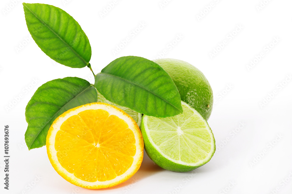 Fresh orange with lime and leaf on white background