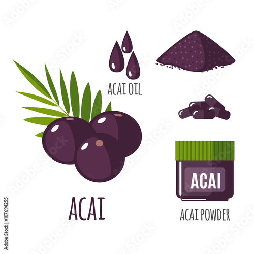 Superfood acai berry set in flat style.