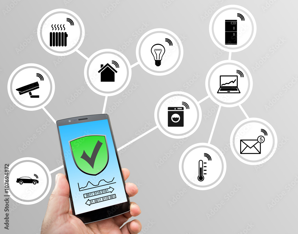 Hand holding modern smart phone on neutral background. Security for Internet of Things concept to secure mobile devices. All screen graphics are made up. Hand holding modern smart phone on neutral background. Security for Internet of Things concept to secure mobile devices. All screen graphics are made up.