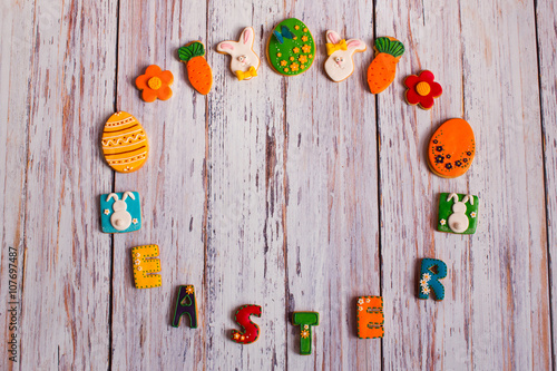 Many colorful Easter cookies on the table