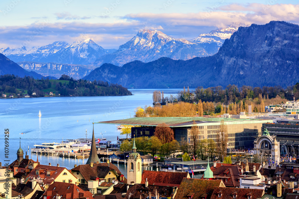 Lucerne town on Lake Lucerne and Alps mountains