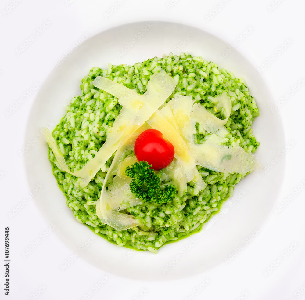 Risotto al Pesto with parmesan cheese Risotto al Pesto with parmesan cheese