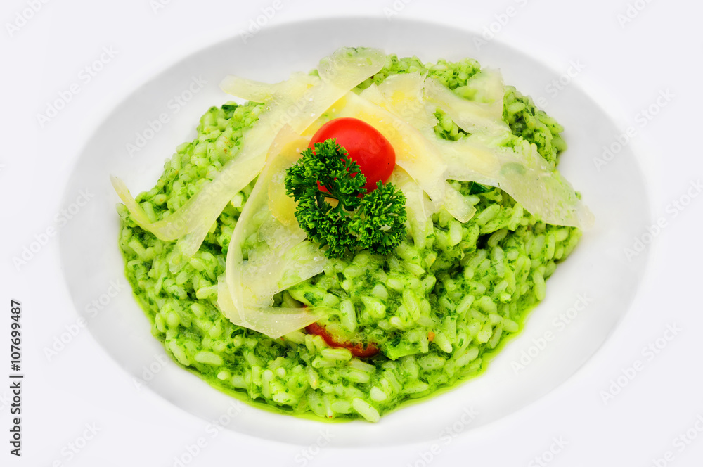Pesto Risotto with parmesan cheese stripes Pesto Risotto with parmesan cheese stripes