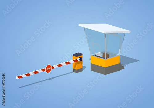 Barrier and toll booth against the blue background. 3D lowpoly isometric vector illustration
