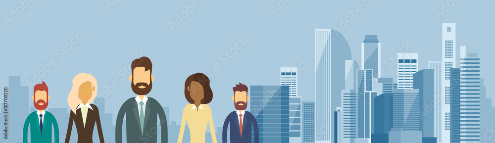 Business People Group Team Over Big City View Horizontal Banner