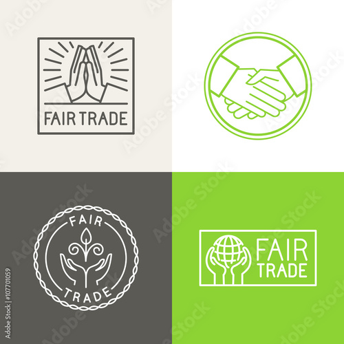 Vector set of badges and labels in trendy linear style - fair trade and sustainable development