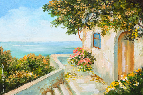 Fototapeta Naklejka Na Ścianę i Meble -  oil painting - house near the sea, colorful flowers, summer seascape