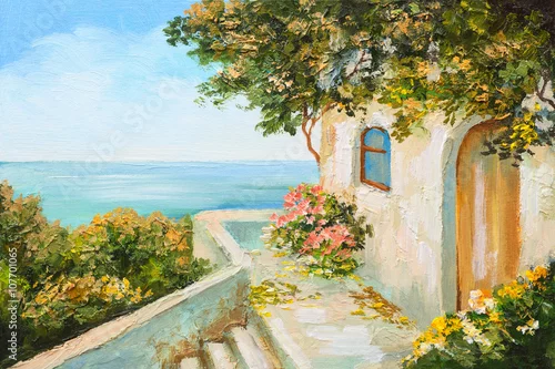 Obraz oil painting - house near the sea, colorful flowers, summer seascape