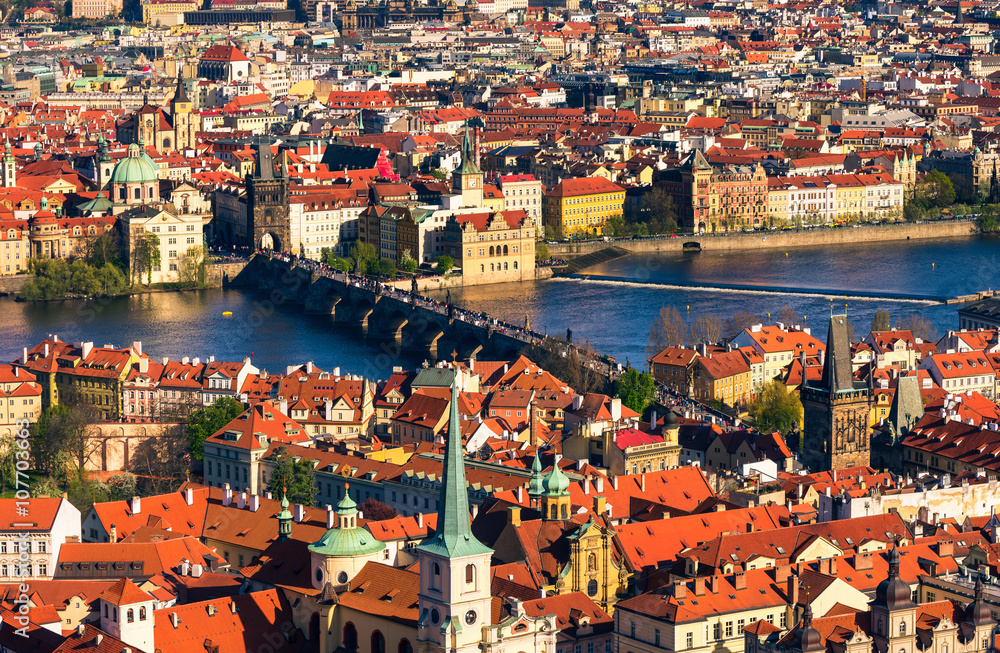 Aerial view Mala Strana (Lesser Town of Prague), Charles Bridge and Old Town in Prague, Czech Republic