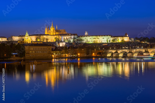 Night view of Charles Bridge, Prague Castle, Vltava river in Prague.