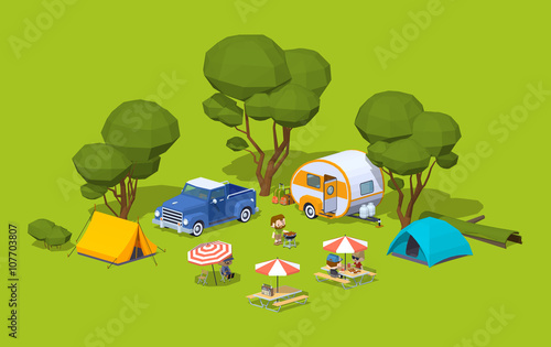 Barbecue in the tourist camp. 3D lowpoly isometric vector concept illustration