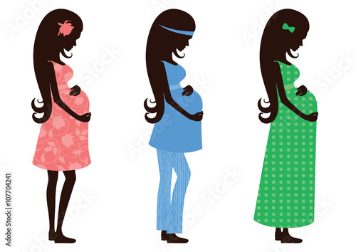 Three figures of a pregnant woman in different clothes.