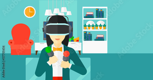 Woman wearing virtual reality headset.