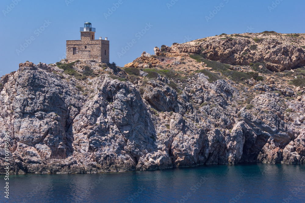 Seascape of Lighthouse of port of Ios island, Cyclades, Greece