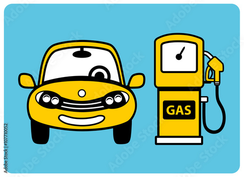 Yellow car front view icon and a yellow gasoline pump on a blue background.