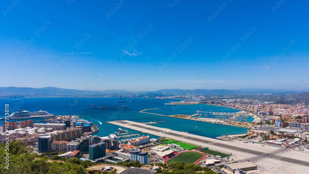 Gibraltar city and airport runway and La Linea de la Concepcion