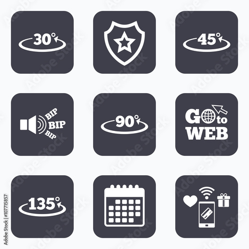 Angle degrees icons. Geometry math signs.