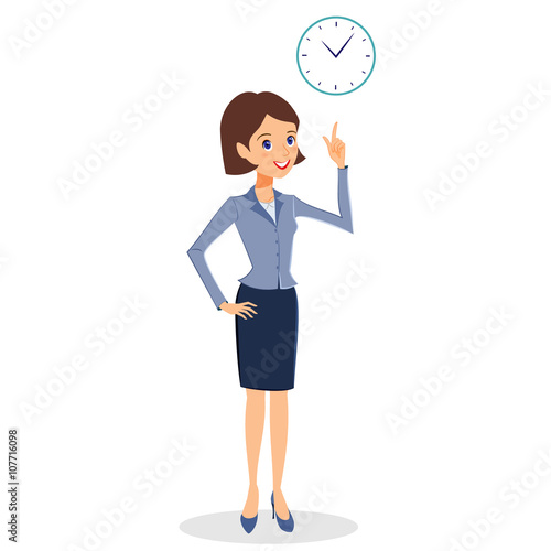 Business woman character vector. Cheerful smiling business woman character with clock. Time management, business planning concept. Woman business character isolated on white background