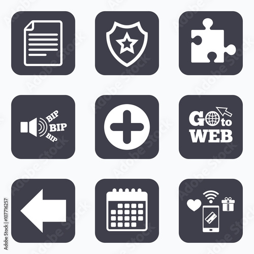 Plus circle and puzzle signs. File, arrow.