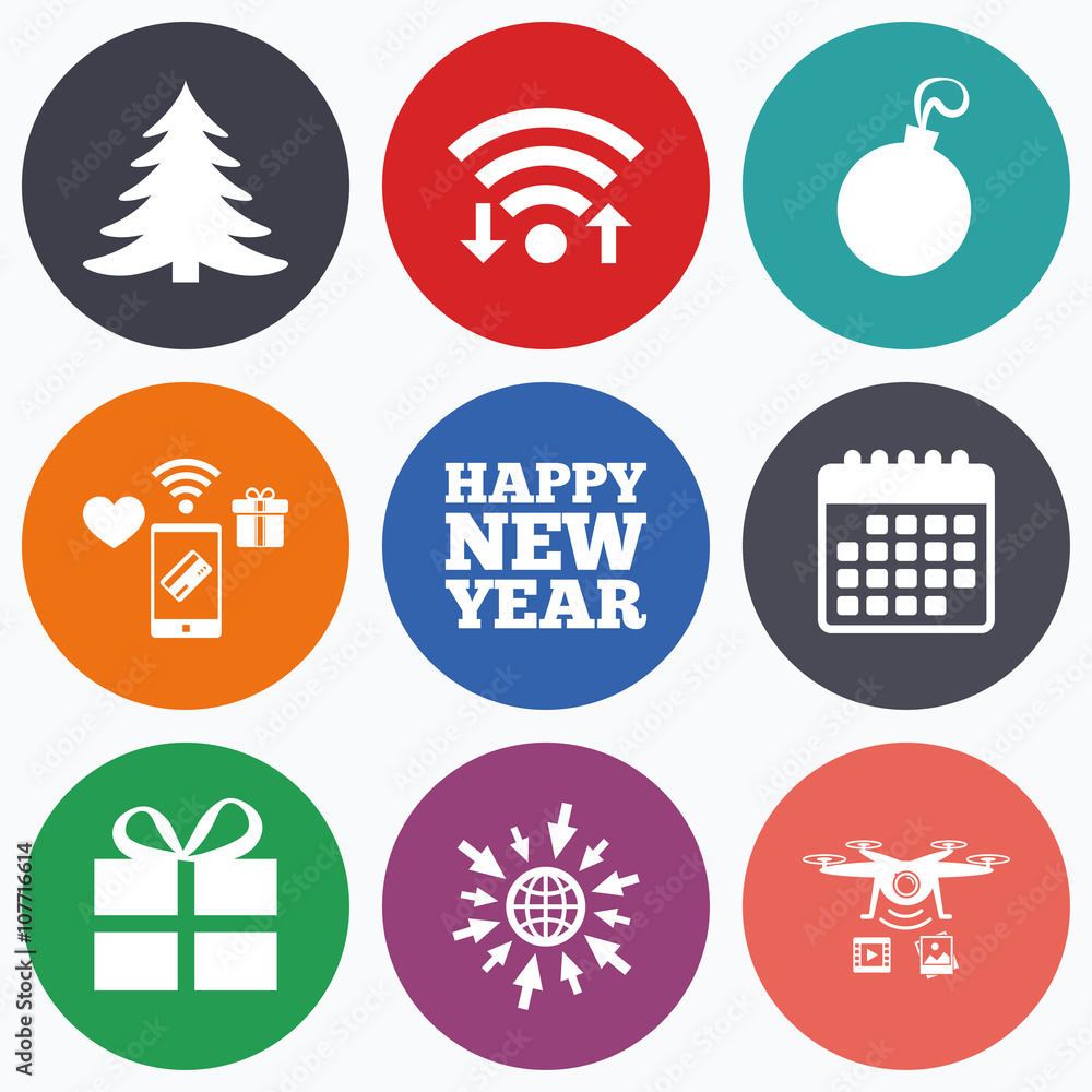Happy new year sign. Christmas tree and gift box Happy new year sign. Christmas tree and gift box