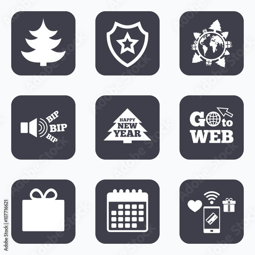 Happy new year sign. Christmas tree and gift box