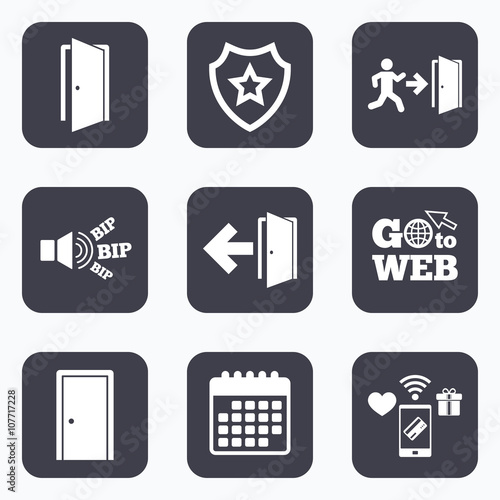 Doors signs. Emergency exit with arrow symbol.