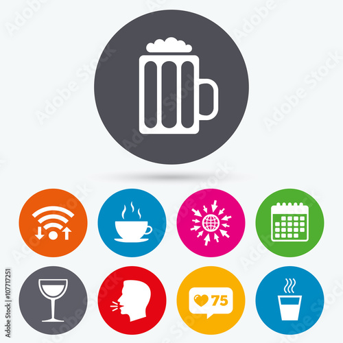 Drinks signs. Coffee cup, glass of beer icons.